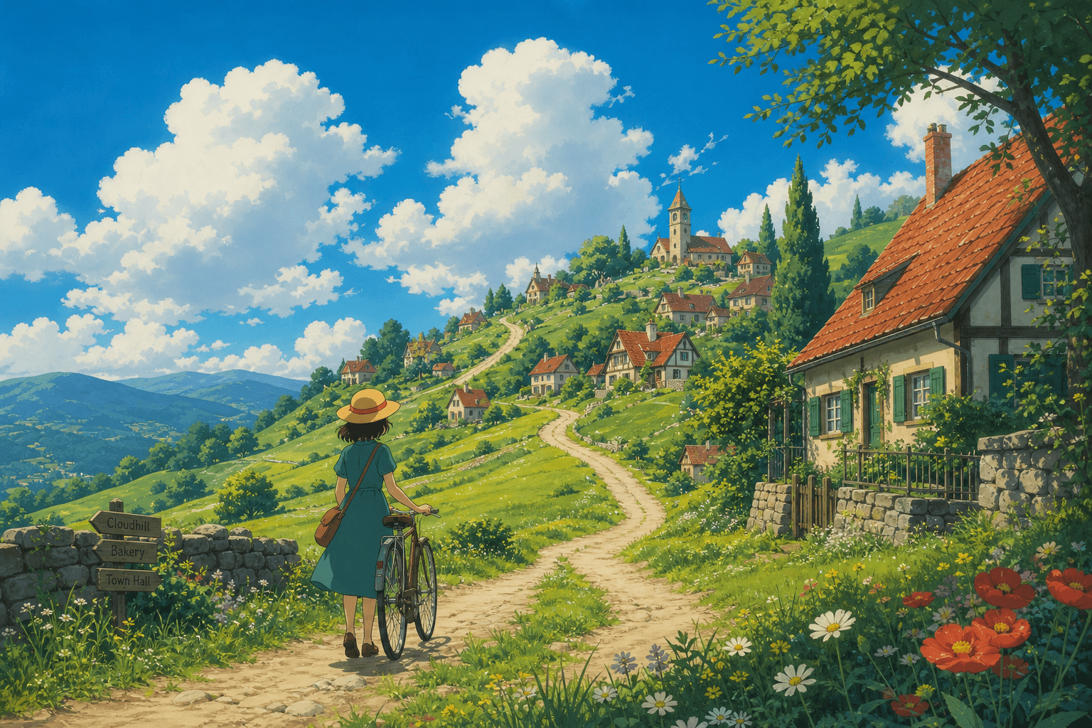 Summer Hillside Village Landscape